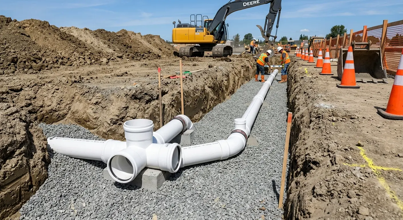 New PVC sewer pipe installation in open trench for Sewer Backup in Fort Atkinson