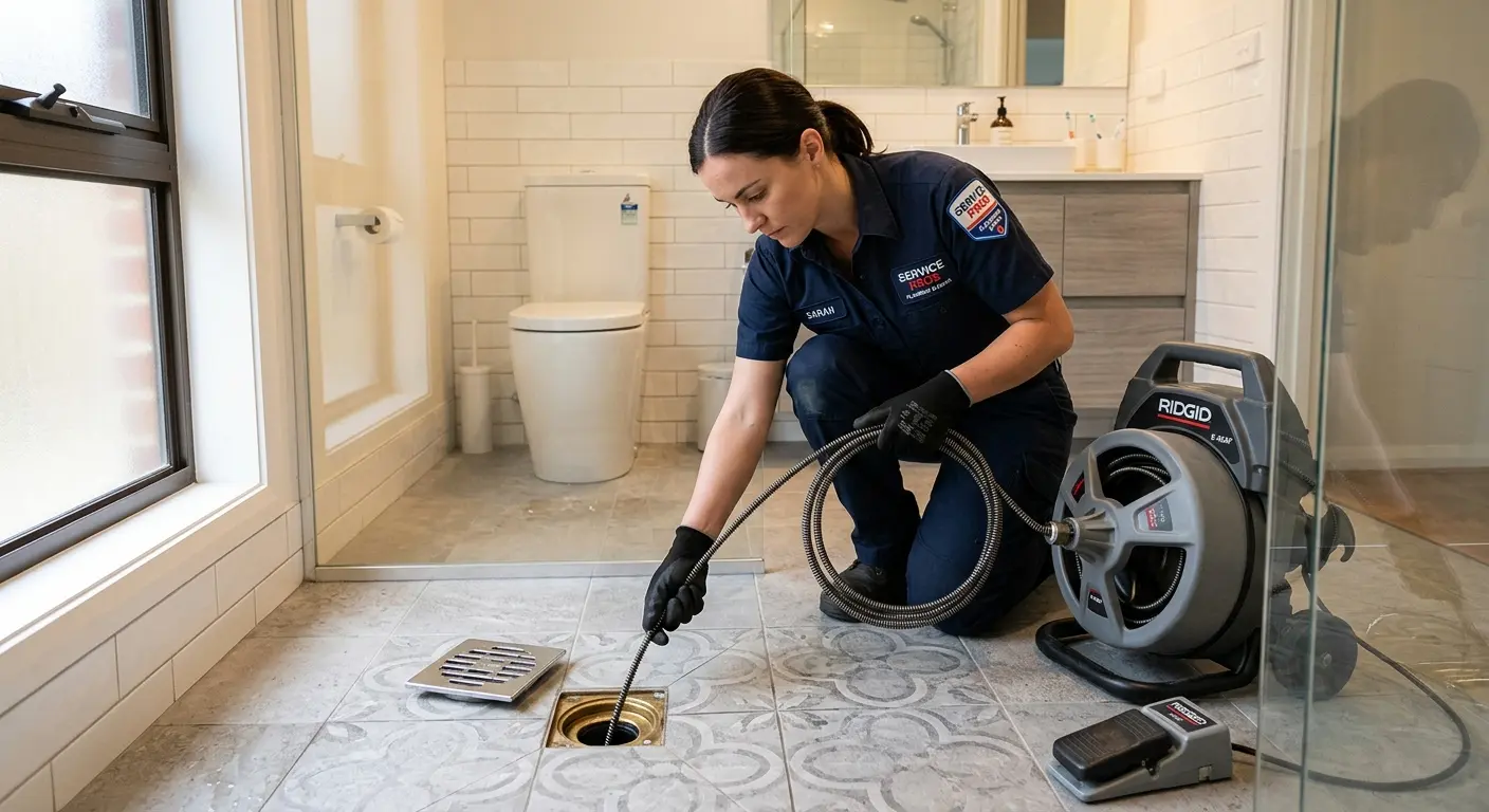 Technician clearing a bathroom floor drain for Sewer Line Replacement in Fort Atkinson